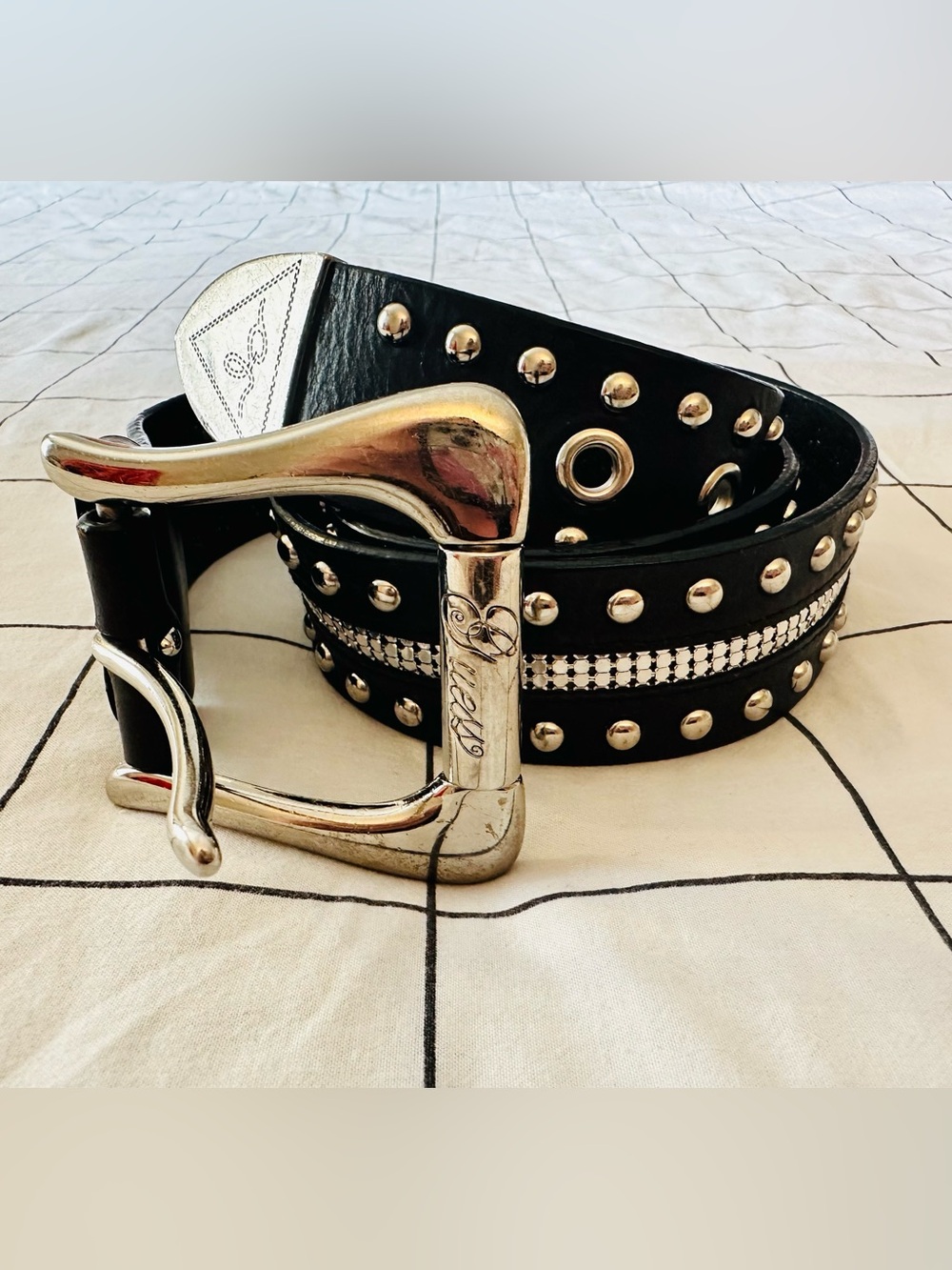 Guess Black Leather Studded Belt with Silver Hardware